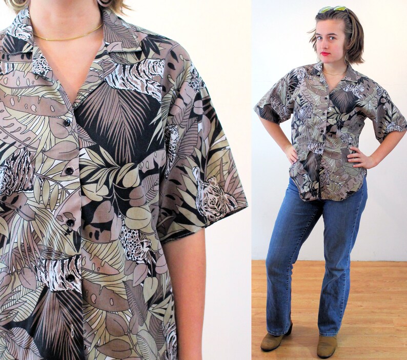 80-tals tigermönstrad skjorta M, vintage tropisk jordnära "Caribou" leopardmönstrad hawaiiansk blus, medium bild 2