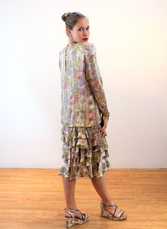 80s Couture Silk Dress M, Vintage Pastel Gray Pin… - image 3