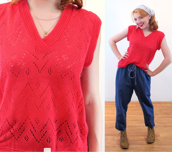 70s NOS Sheer Sweater Vest S, Vintage Coral Hot P… - image 1