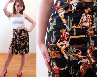 80s Cowgirl Novelty Print Skirt S, Vintage Black Green Western Rodeo Pinup "Trails California" Retro Cotton Mini Skirt, Small