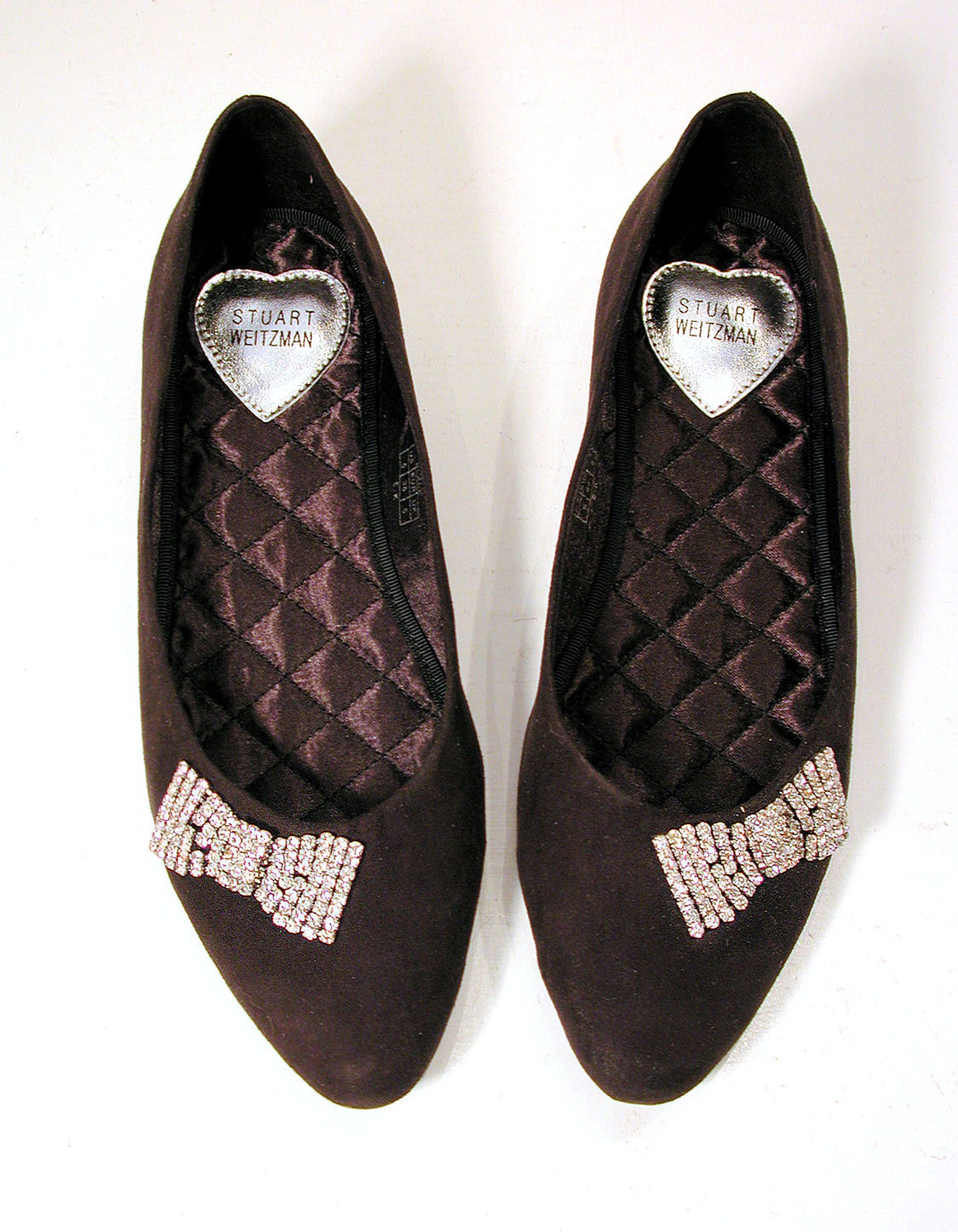 90s stuart weitzman flats size 5, black rhinestone bows designer ballet shoes microsuede metallic silver nos new old stock unwor 90s stuart weitzman flats size 5, black rhinestone bows designer ballet shoes microsuede metallic silver nos new old stock unwor
