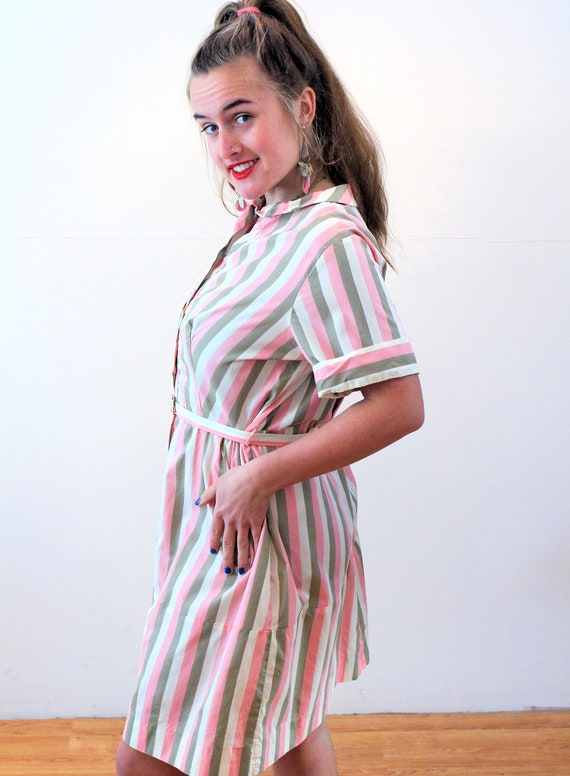 50s Striped Dress L XL, Vintage Pink Cream Olive … - image 4