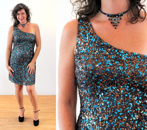 90s Scala One Shoulder Sequin Dress M, Vintage Bl… - image 1