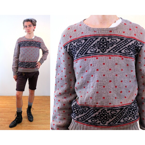 1940s Wool Ski Sweater S, Vintage Gray Red Black 40s Hand Knit Winter Patterned Men's Unisex Pullover, Small