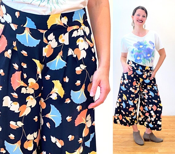 90s Floral Wide Leg Pants M, Vintage Palazzo Black Peach Blue