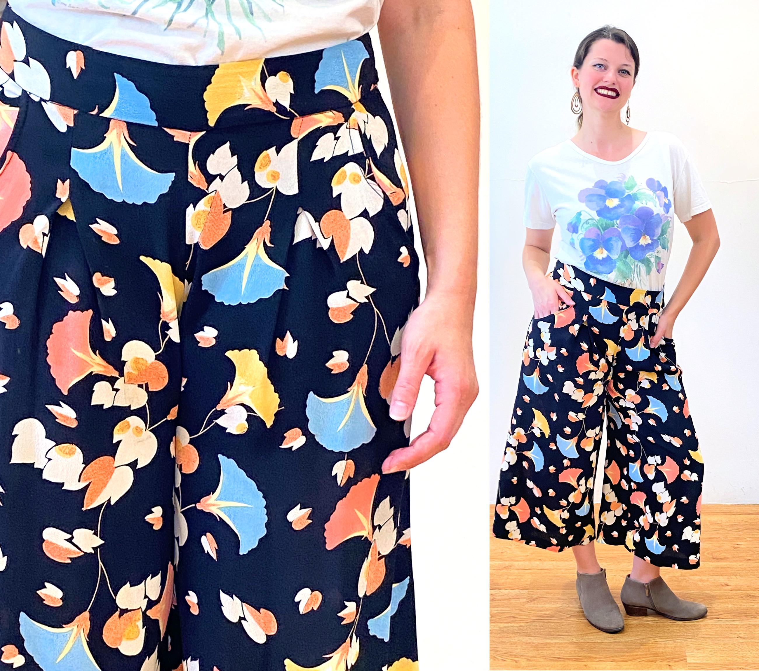 90s Floral Wide Leg Pants M, Vintage Palazzo Black Peach Blue