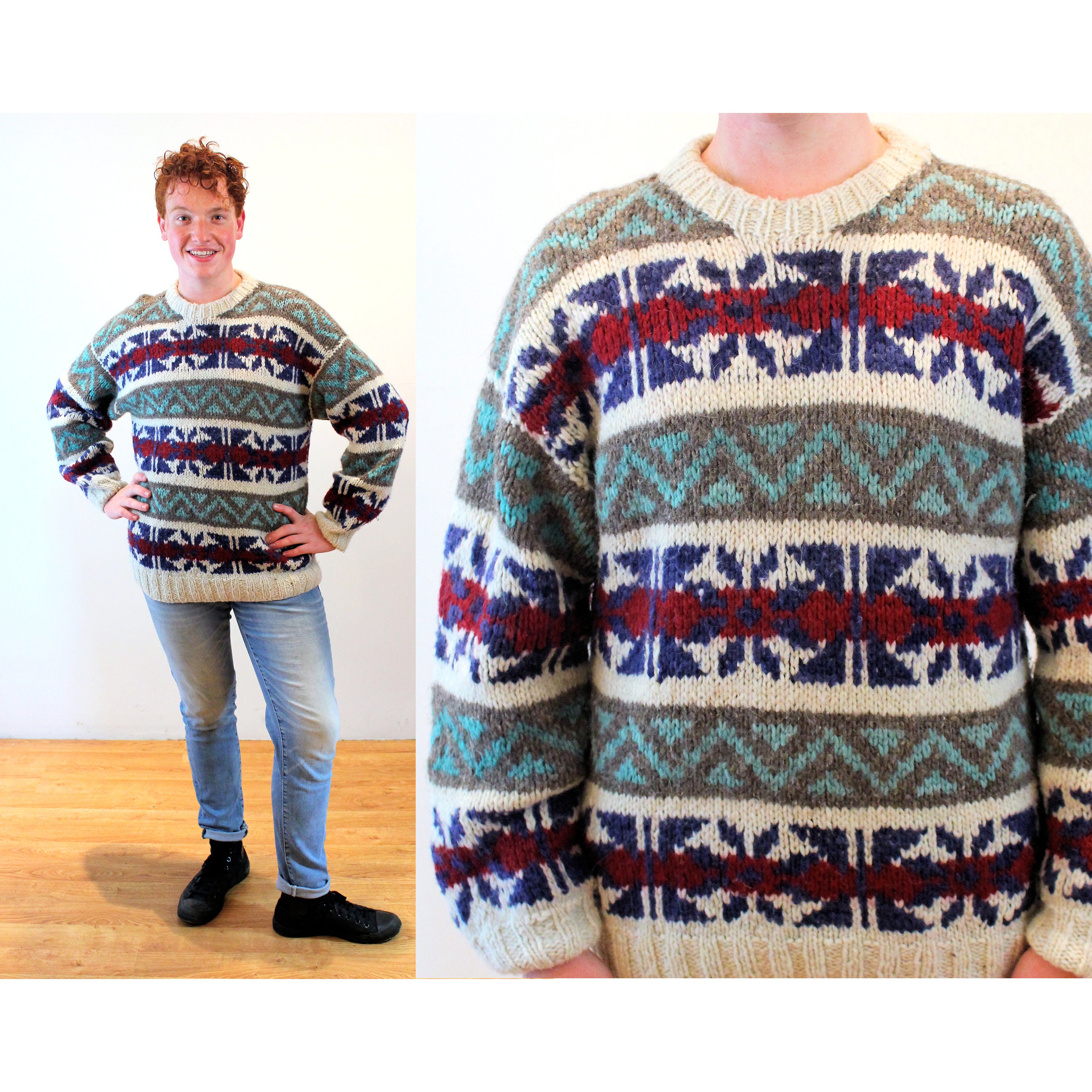80s Ecuador Ski Sweater XL, Vintage Heavy Chunky Pullover 