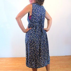 90s Floral Sundress M, Vintage Blue Rayon Erika Petites Sleeveless Boho Casual Summer Midi Dress, Medium image 3