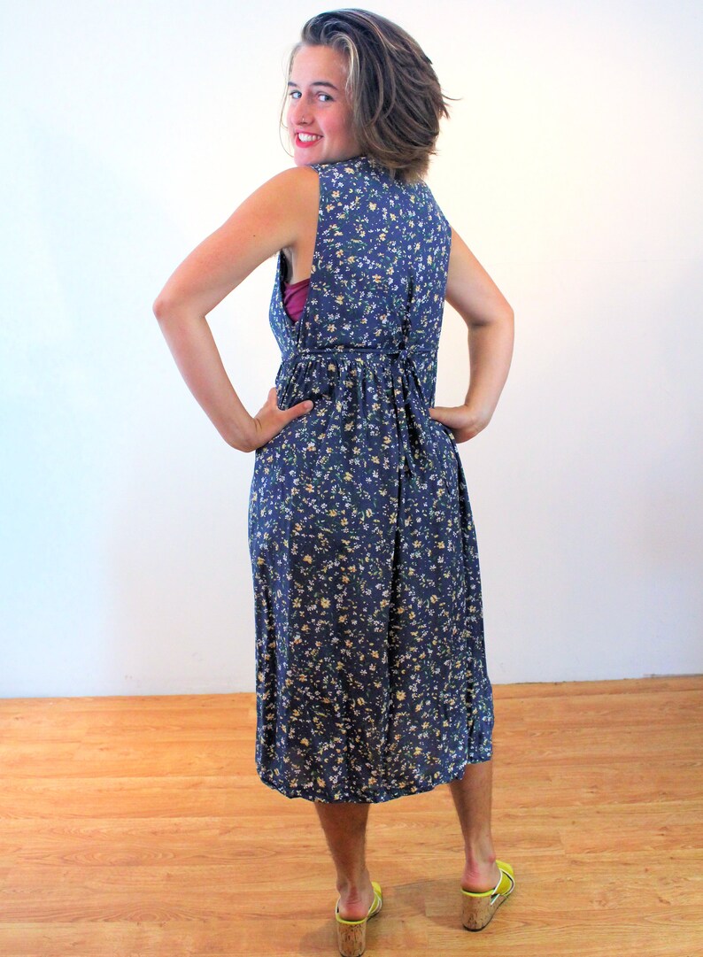 90s Floral Sundress M, Vintage Blue Rayon Erika Petites Sleeveless Boho Casual Summer Midi Dress, Medium image 3