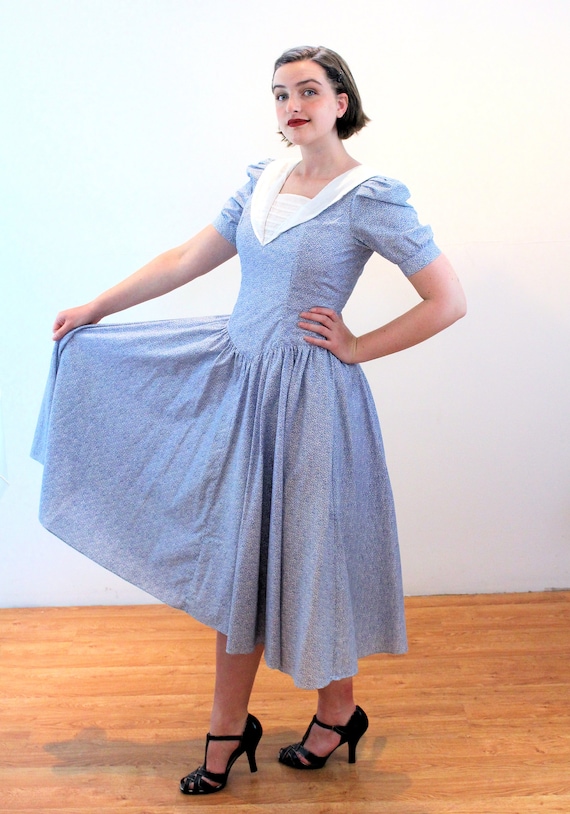 80s Sailor Dress S, Vintage Blue Floral Ditsy Print Puff