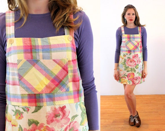 80s Patchwork Apron Dress M, Mixed Prints Floral P