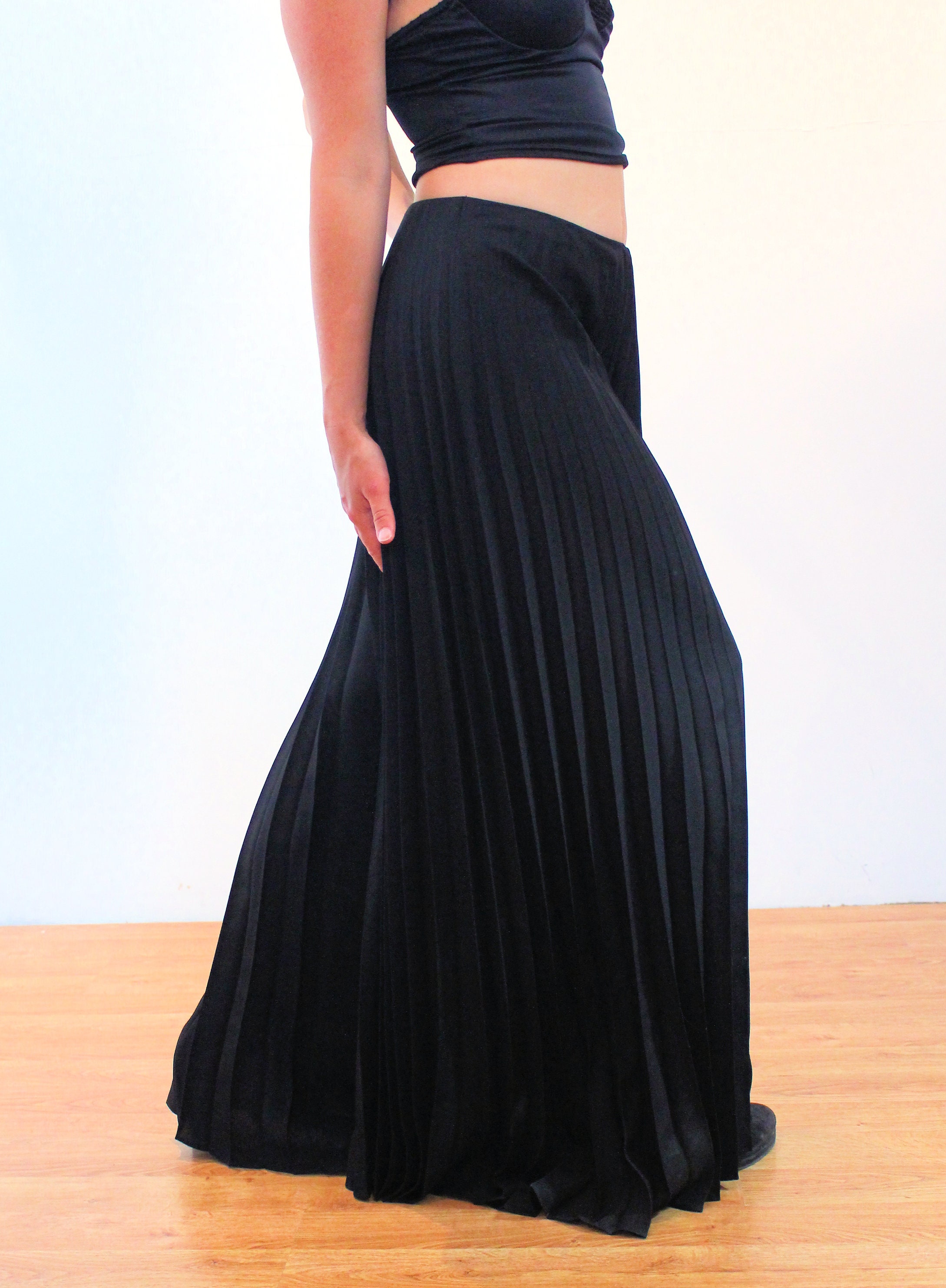 70s Palazzo Pants M, Vintage Black Alex Colman Pleated Wide Leg