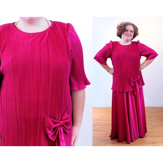 80s Pleated Column Dress XL, Vintage Raspberry Pi… - image 1