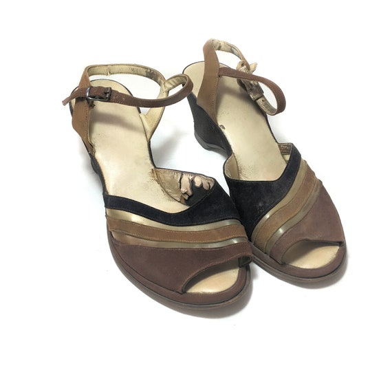 1940s Two Tone Wedges size 6-1/2, Vintage Brown F… - image 3