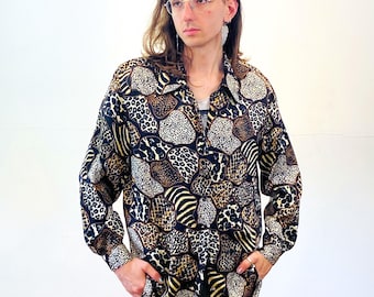 トップス 90s vintage archive leopard long shirt 90s Silk Leopard Print Blouse L XL, Vintage Jessica Holbrook