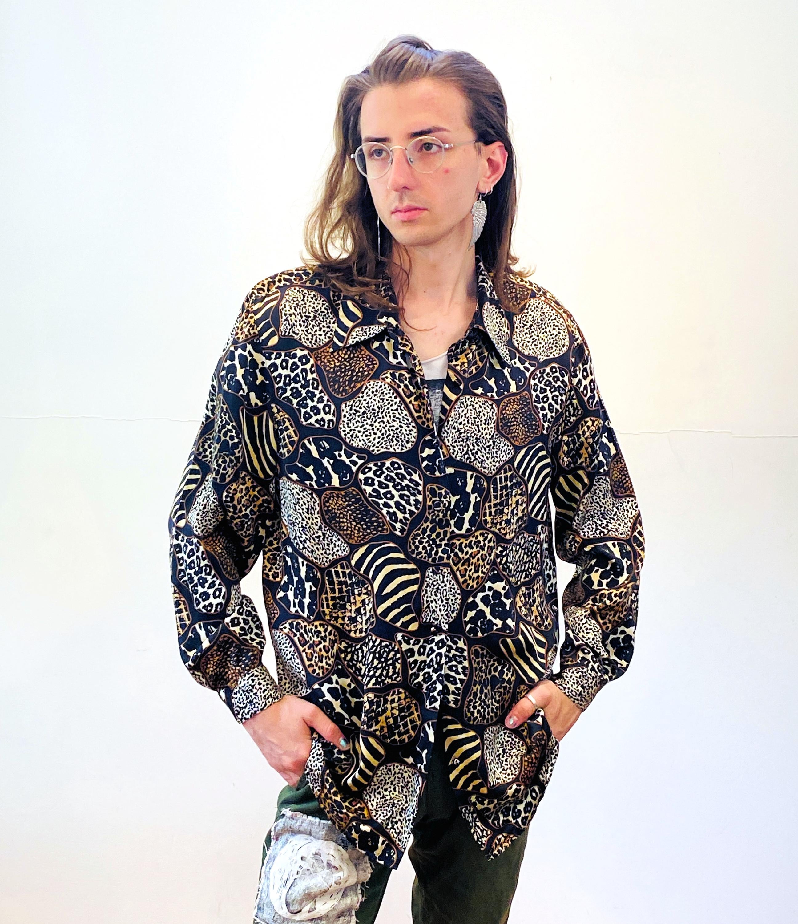 90s Silk Leopard Print Blouse L XL, Vintage Jessica Holbrook Artsy