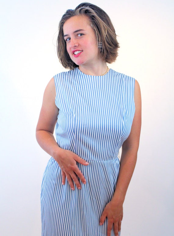 60s Blue White Striped Dress M, Vintage 1960s Cla… - image 5