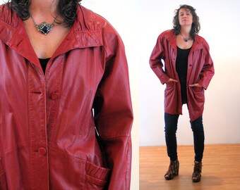 80s Wine Red Leather Jacket M, Vintage Cranberry "Pelle" Korea Retro Shoulder Pads Leather Outerwear Car Coat, Medium