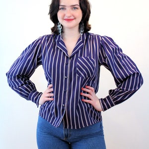 70s Navy Pinstriped Blouse M, Vintage Blue Red Silky &quot;Josephine&quot; 1940s Style Striped Puff Shoulder Button Up Shirt, Medium
