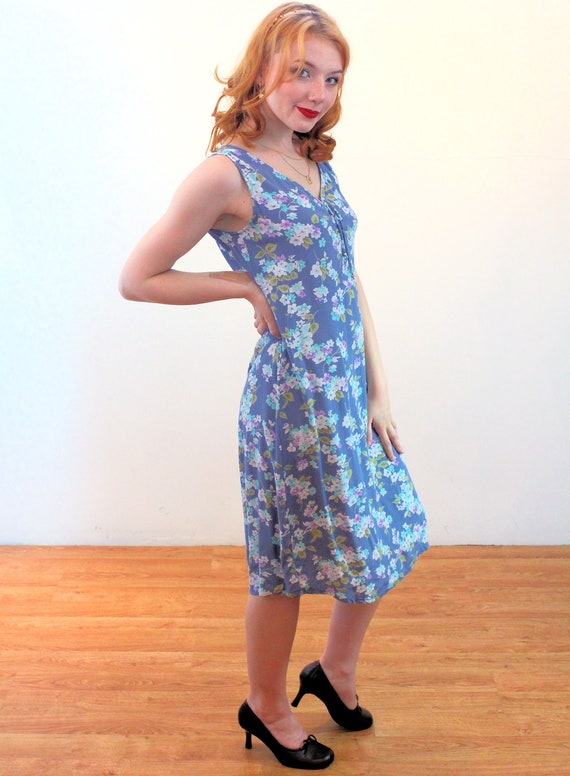 90s GAP Sundress S Vintage Slate Blue Floral Lavender Flower Print Boho Sleeveless Retro V Neck Rayon Crepe Summer Dress Small