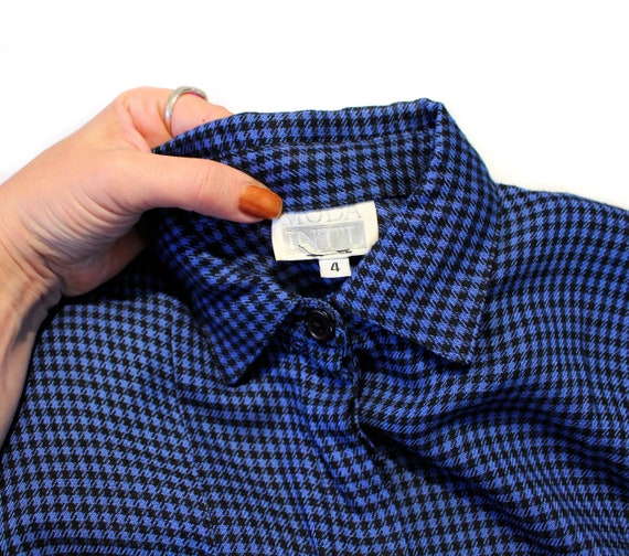80s Blue Checkered Dress S Vintage moda 