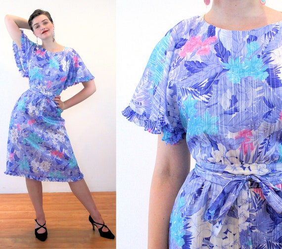 80s Angel Sleeve Floral Dress S M, Vintage Blue T… - image 1