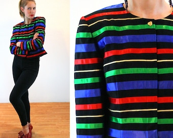 80s Maggy London Rainbow Stripe Jacket L, Vintage Deadstock Satin Ribbon Party Top, Large
