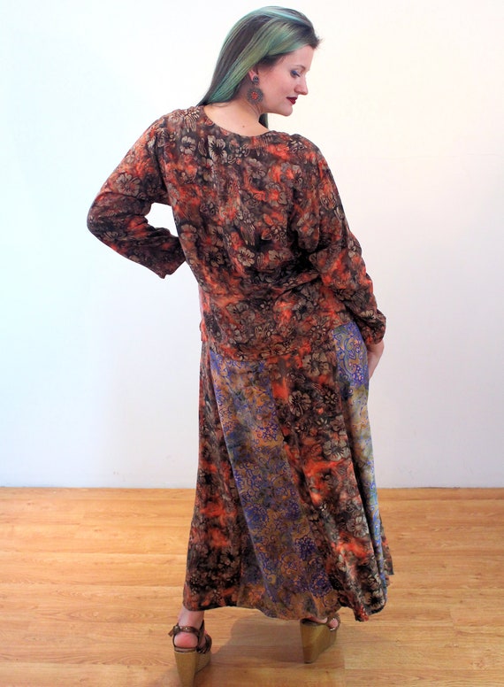 90s Indonesia Batik Dress S M, Vintage Orange Ray… - image 3