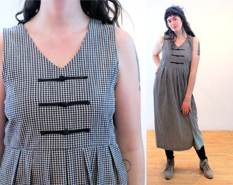 90s "Susan Bristol" Gingham Sundress M, Vintage Black White Checkered Retro Boho Sleeveless Midi Dress, Medium