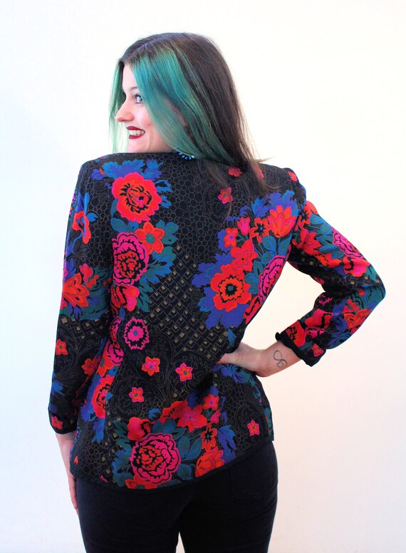 80s Floral Silk Jacket S, Vintage Vibrant Multi C… - image 3