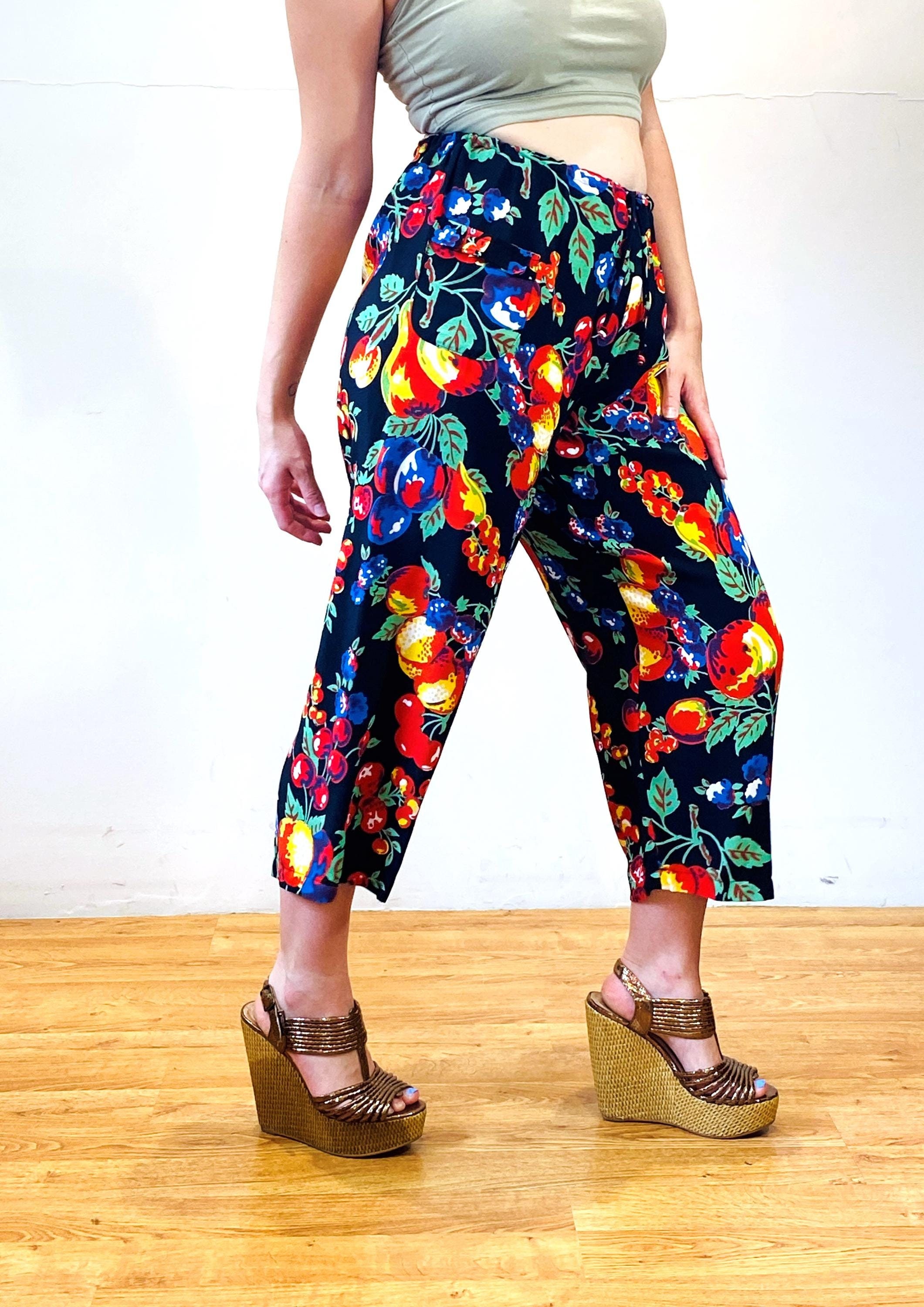 90s Fruit Print Pants S, Vintage Peaches Cherries Rayon Crepe Kim