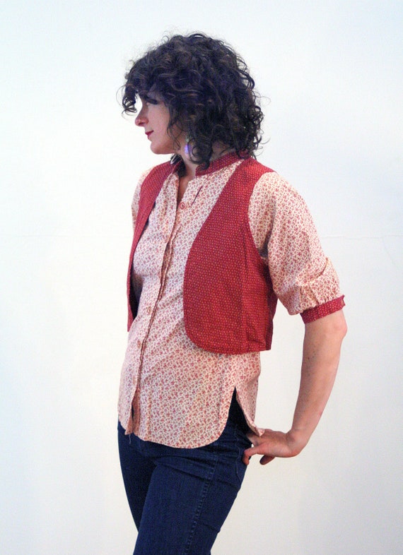 70s Calico Blouse and Vest Set S, Vintage Red Pra… - image 4