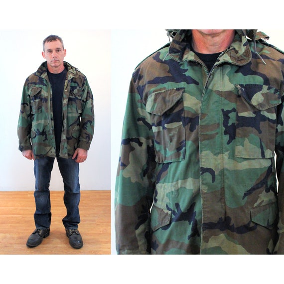 80s Camo Army Coat M L, Vintage Green Brown Hoode… - image 1