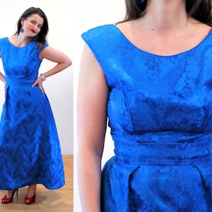 70s Emma Domb Dress S, Vintage Azure Blue Formal Elegant 1970s Retro Fitted Long Brocade Evening Prom Ball Gown, Small Petite