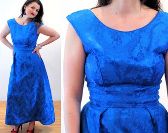 70s Emma Domb Dress S, Vintage Azure Blue Formal Elegant 1970s Retro Fitted Long Brocade Evening Prom Ball Gown, Small Petite