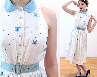 50s Embroidered Butterfly Dress XS, Vintage White Blue Butterflies 1950s "Fashion Frock" Retro Halter Sundress, Extra Small