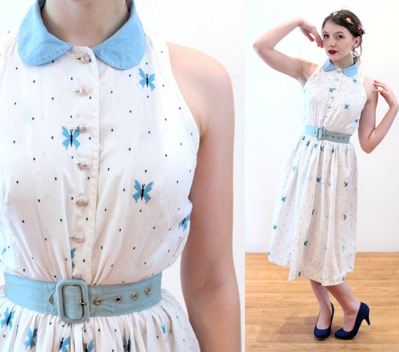 50s Embroidered Butterfly Dress XS, Vintage White… - image 1