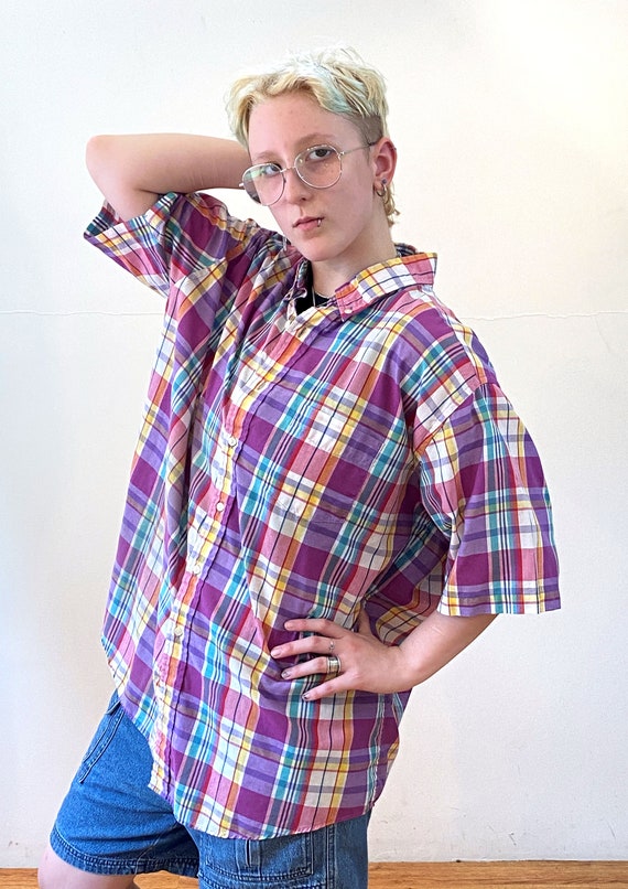 80s Pink Madras Shirt XL 2XL, Vintage Purple Gree… - image 2