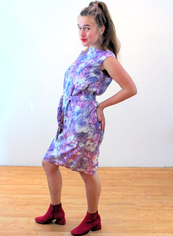 60s Mod Purple Satin Dress M, Vintage Abstract Fl… - image 2