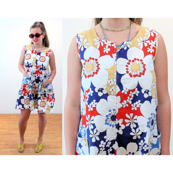 60s Mod Flower Print Dress M, Vintage Red White Blue Sleeveless Summer Zip Front Retro Clowncore Shift Dress, AS IS, Medium