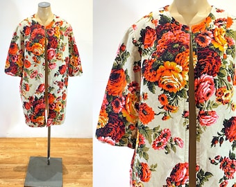 60s Edith Flagg Coat S, Vintage Pink Orange Floral Linen 1960s Collarless Open Swing Jacket, Small