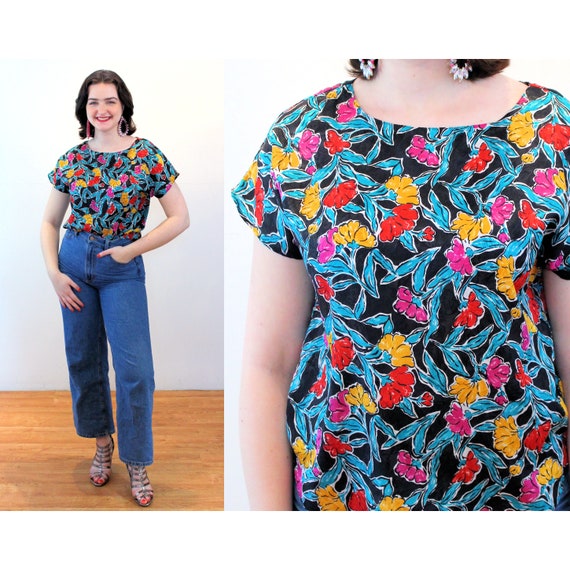 80s Jewel Tone Floral Top M, Vintage Black Pink T… - image 1