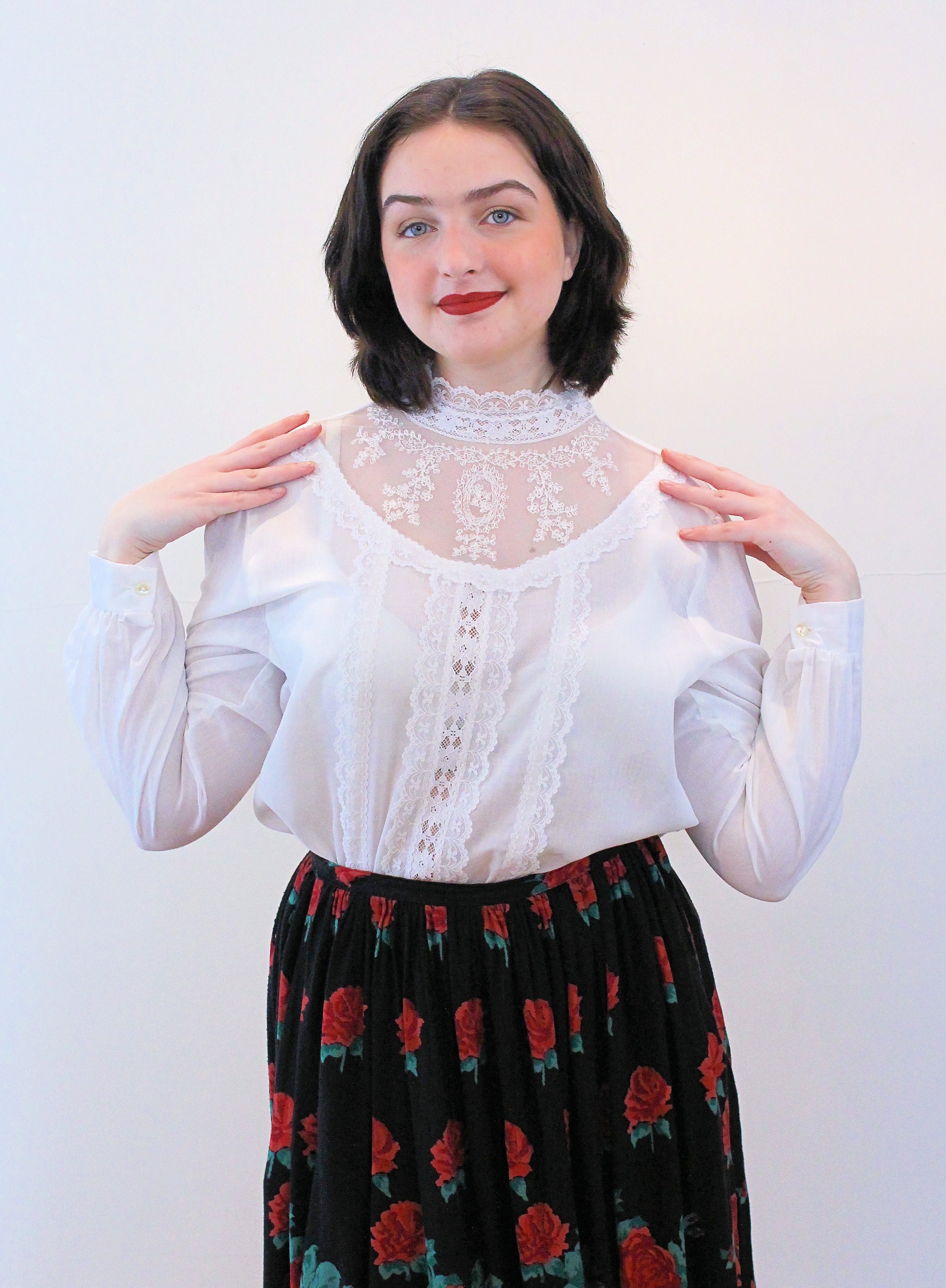 70s White Lace Blouse L Illusion Sheer High Neck NOS Vintage | Etsy