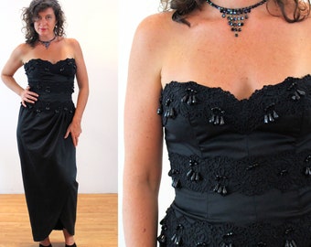80s NOS Victor Costa Dress M, Vintage Black Beaded Strapless High End Luxury Saks 5th Ave Deadstock Evening Gown with Tags, Medium