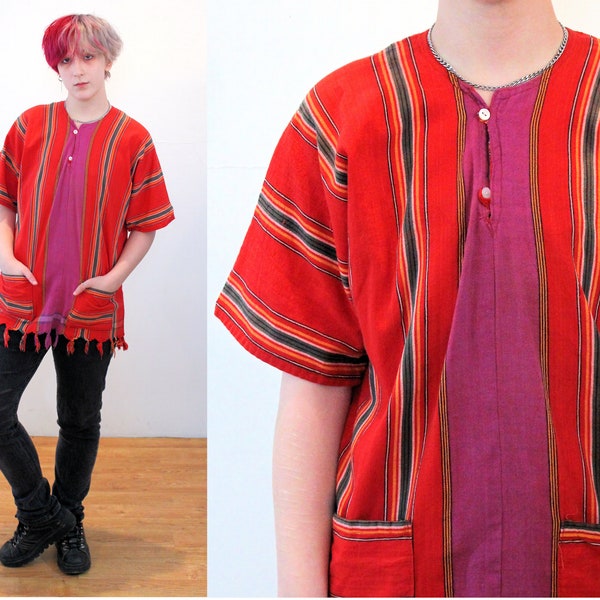 70s Guayabera Cotton Shirt S M, Vintage Red Purple Colorful Serape Unisex Guatemalan Hippie Pullover Top, Small Medium
