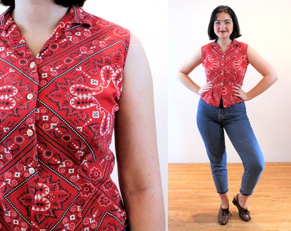 50s Bandana Print Blouse M, Red Cotton Jeanies Blu