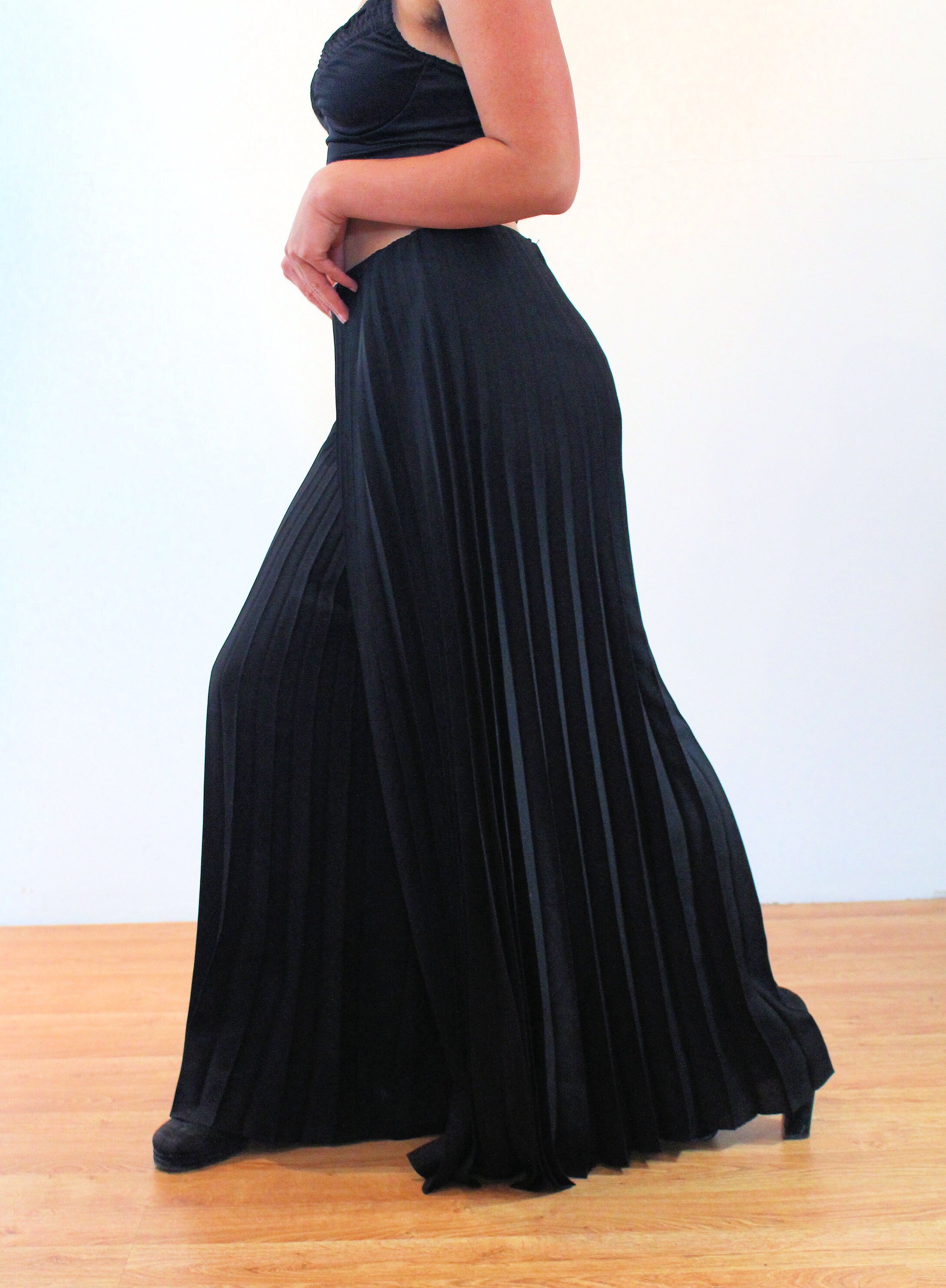 激レア　希少VINTAGE 70s alex colman ロング パンツドレス 70s Palazzo Pants M, Vintage Black Alex Colman Pleated Wide Leg
