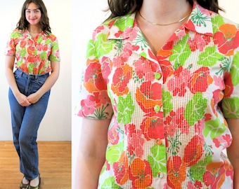 70s Mod Floral Blouse M, Vintage Pink Green Orange Tropical Print "Tanner" Pleated Retro Summer Tunic Shirt, Medium