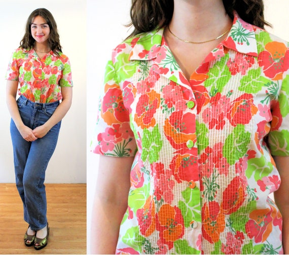 70’s Orange Tropical Floral Print Blouse