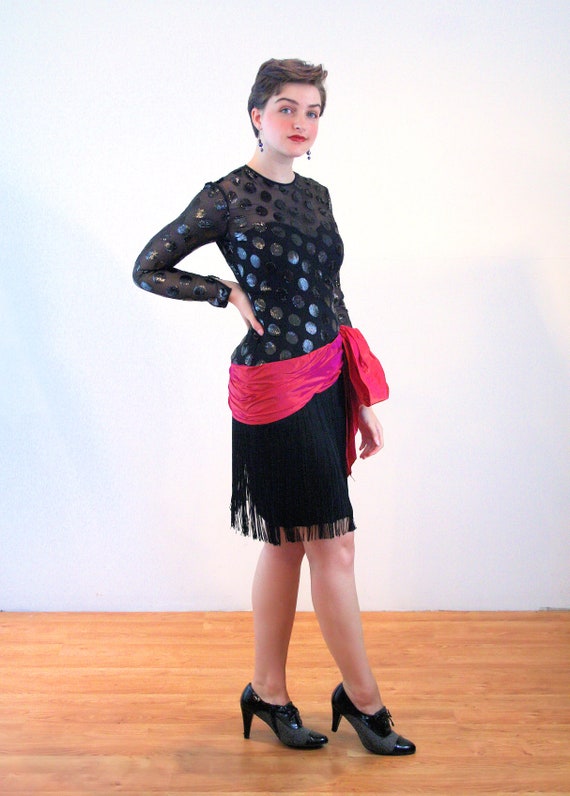 80s Deadstock Flapper Dress S, Vintage Black Pink… - image 2